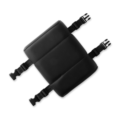 Murf Cargo Seat Pad product photo, black synthetic leather with three stitched sections, showing black nylon straps and quick release buckles.