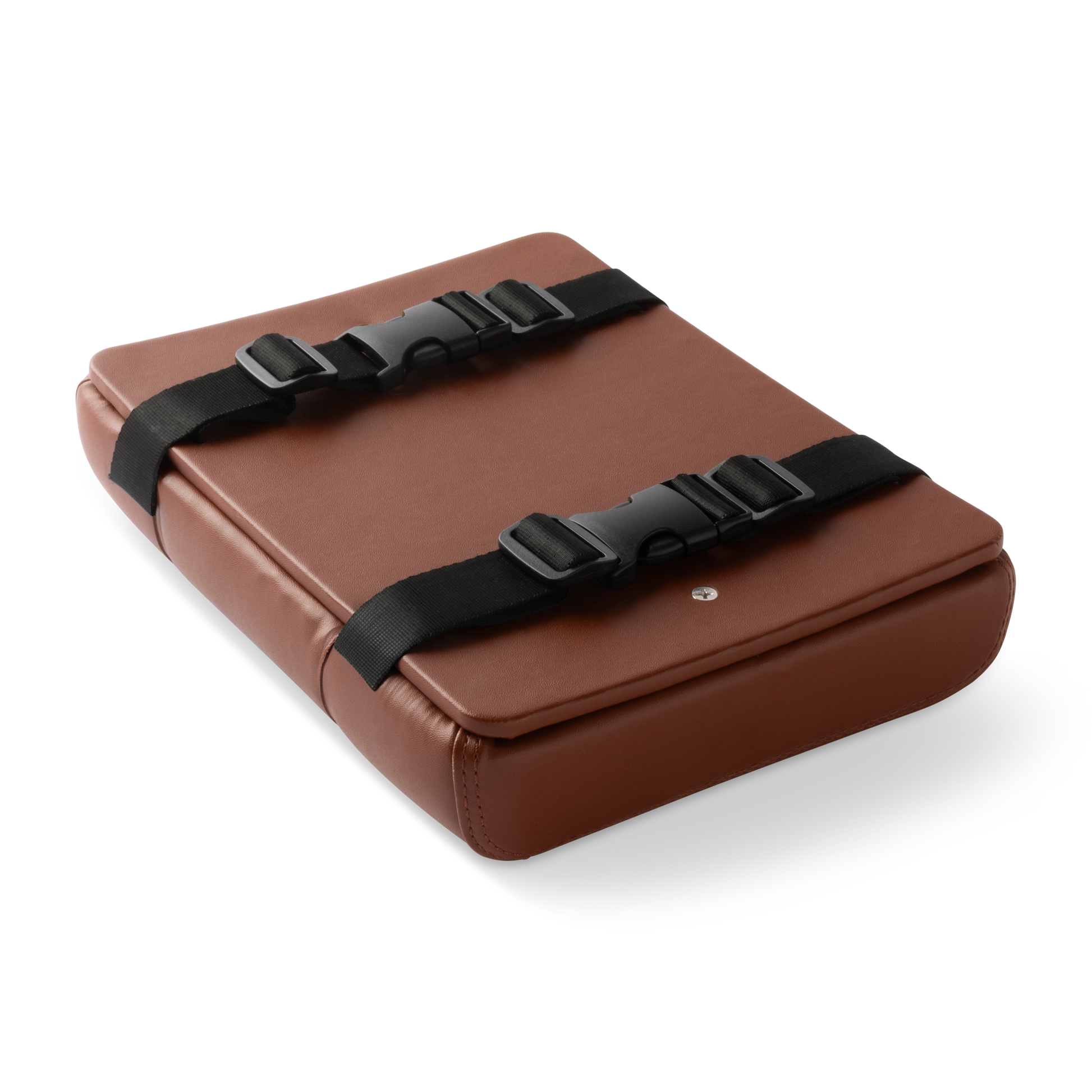 Murf Cargo Seat Pad product photo, angled view, brown synthetic leather, secured by two black nylon straps and quick release buckles.