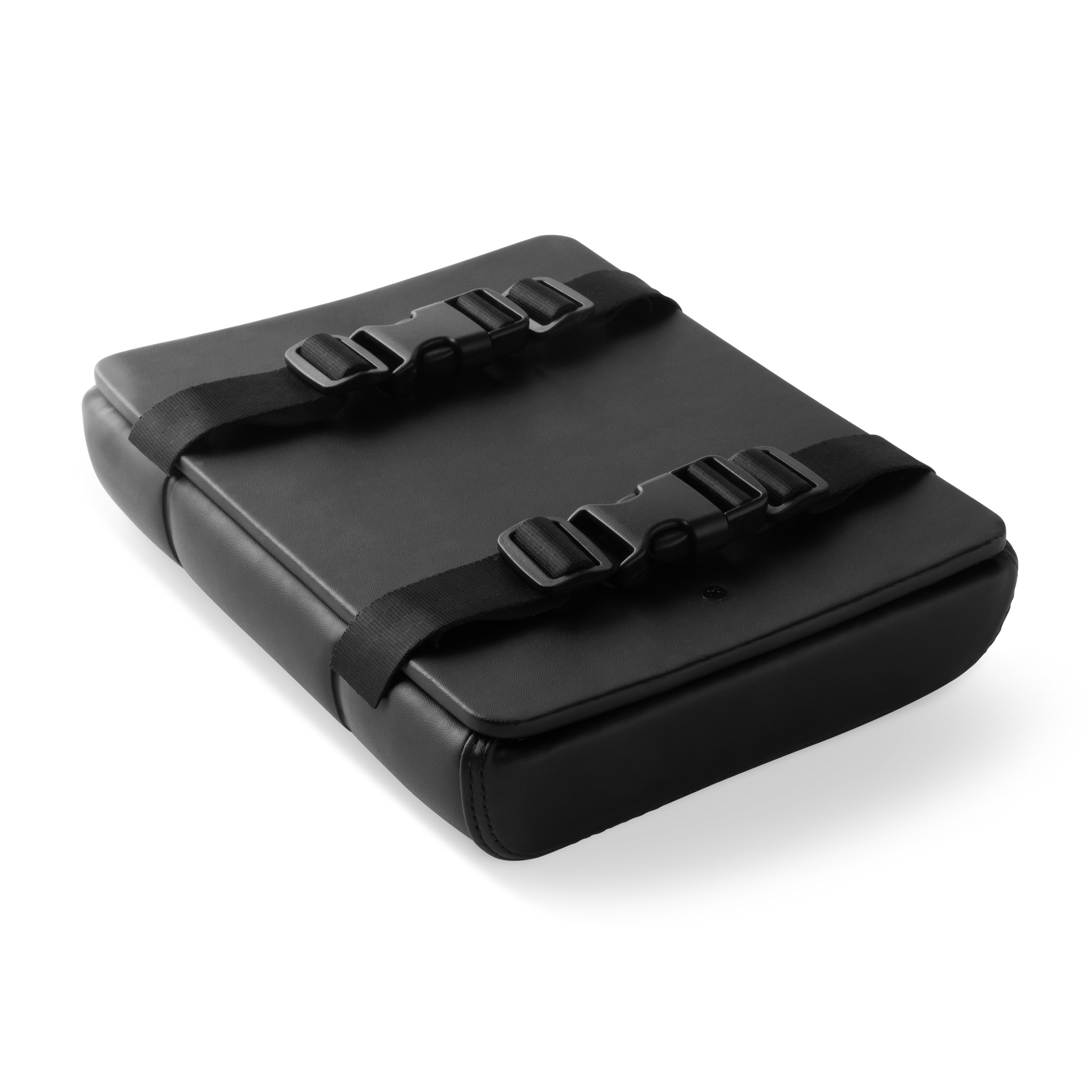 Murf Cargo Seat Pad product photo, angled view,black synthetic leather, secured by two black nylon straps and quick release buckles.