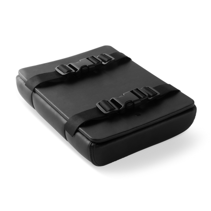 Murf Cargo Seat Pad product photo, angled view,black synthetic leather, secured by two black nylon straps and quick release buckles.