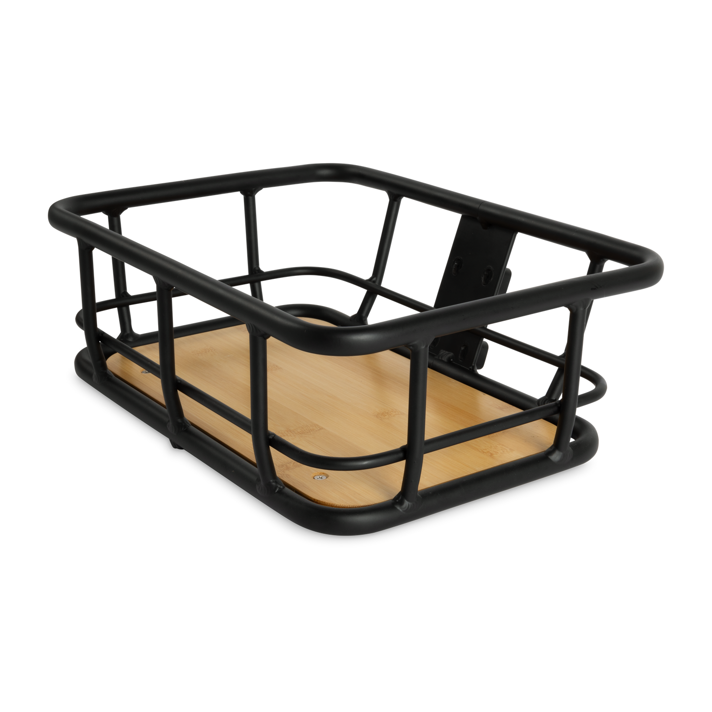 Murf Front Basket product photo, black powder coated aluminum frame with a natural bamboo bottom, showing the side profile and attachment points.