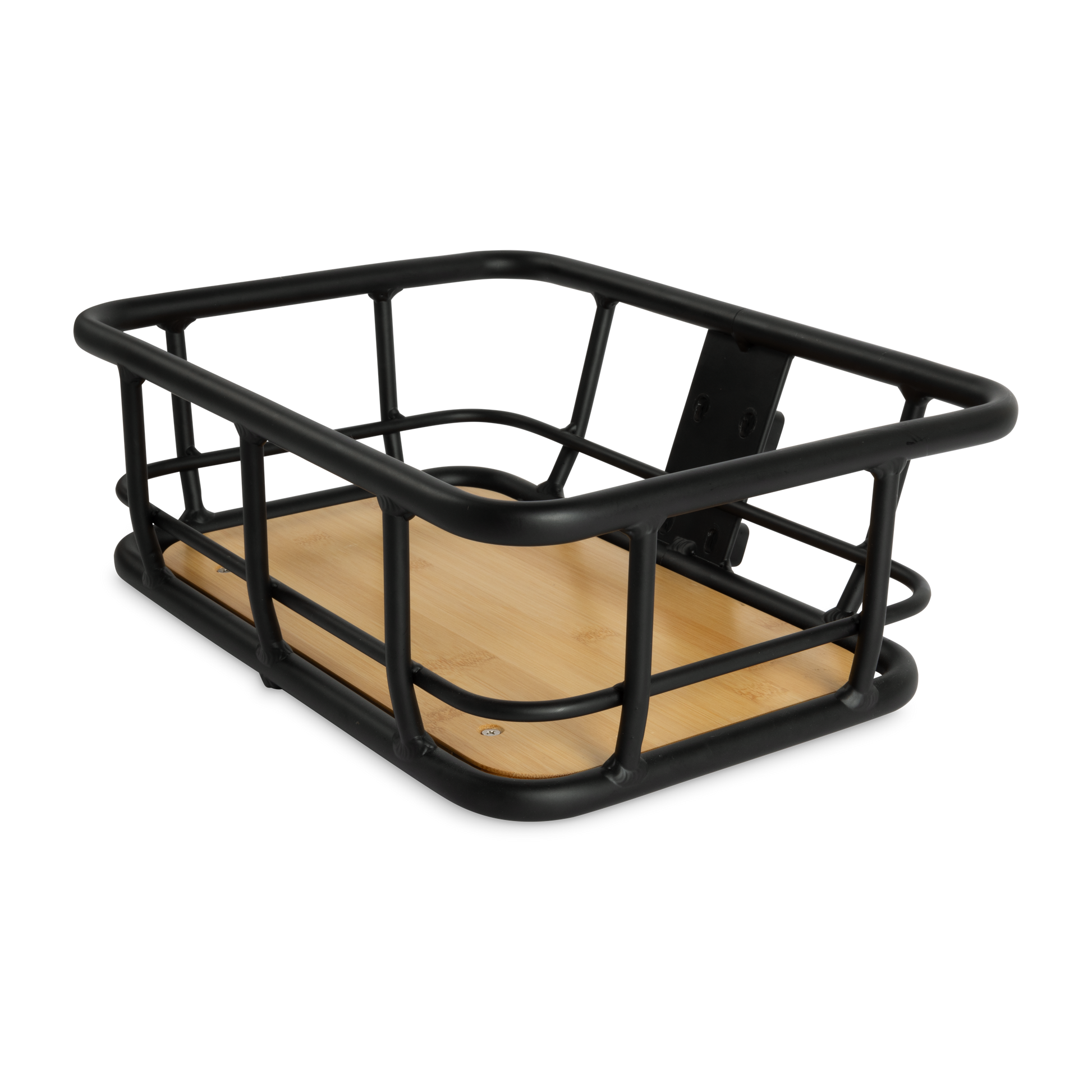 Murf Front Basket product photo, black powder coated aluminum frame with a natural bamboo bottom, showing the side profile and attachment points.