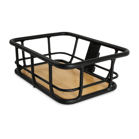 Murf Front Basket product photo, black powder coated aluminum frame with a natural bamboo bottom, showing the side profile and attachment points.