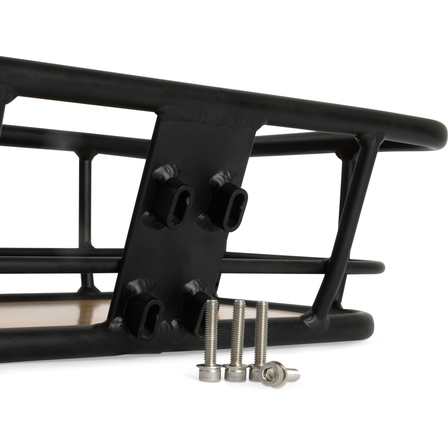 Close-up detail of the Murf Front Basket's direct mounting bracket, showing the pre-drilled holes and the four installation screws (Integrated-Fit) required for frame attachment.