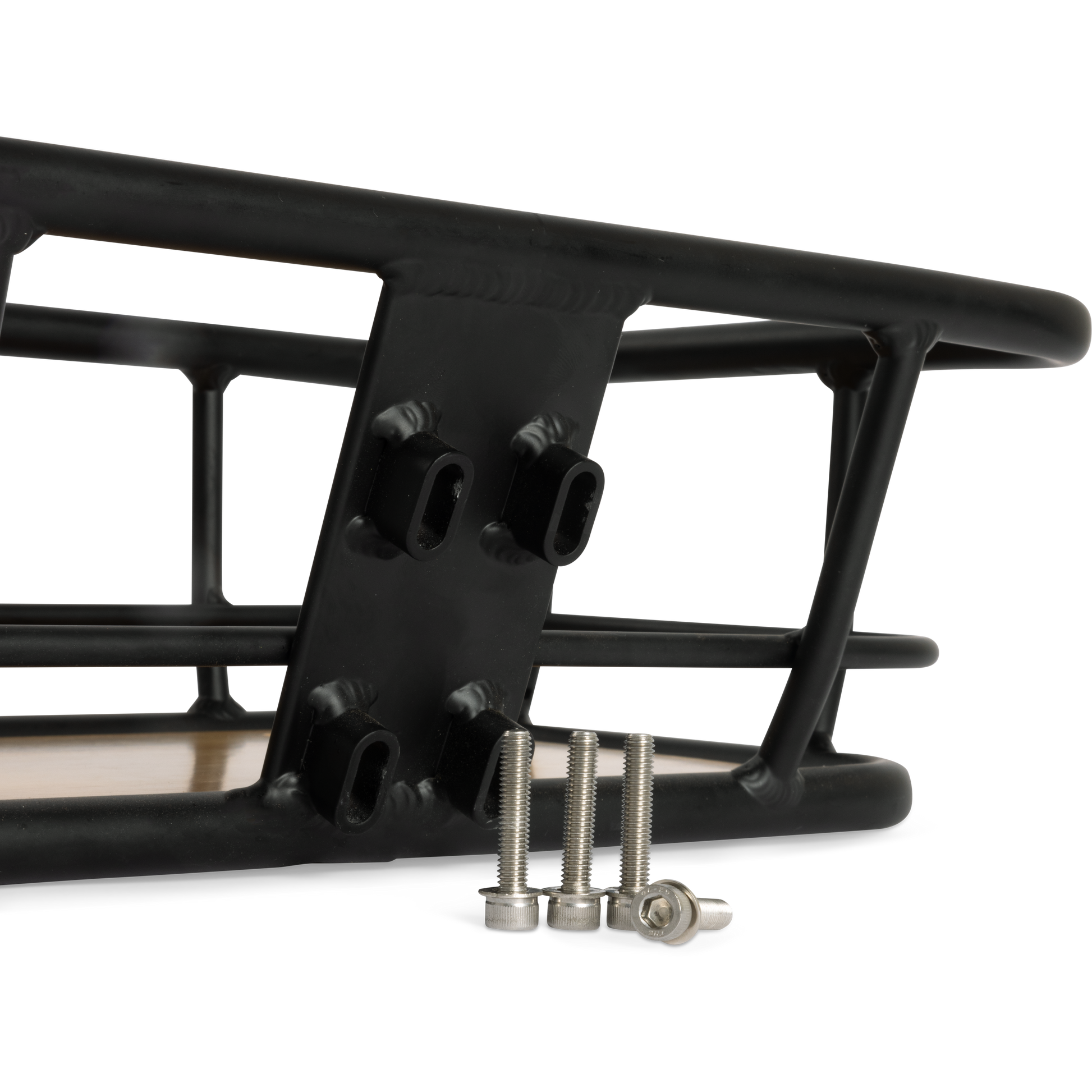 Close-up detail of the Murf Front Basket's direct mounting bracket, showing the pre-drilled holes and the four installation screws (Integrated-Fit) required for frame attachment.