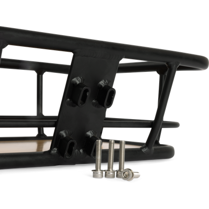 Close-up detail of the Murf Front Basket's direct mounting bracket, showing the pre-drilled holes and the four installation screws (Integrated-Fit) required for frame attachment.