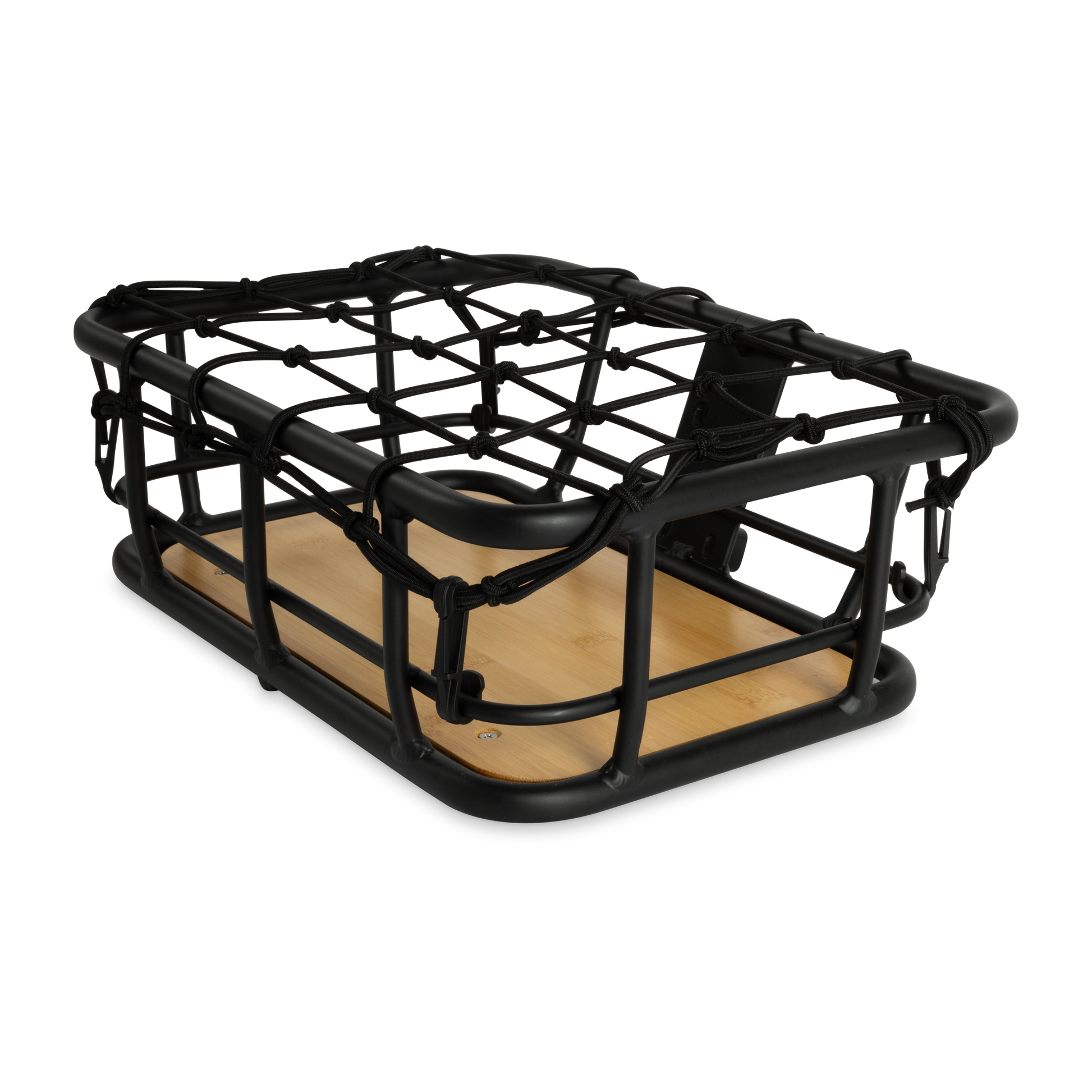 Murf Front Basket shown with a black bungee net secured over the top, demonstrating the optional accessory and capability to secure cargo.