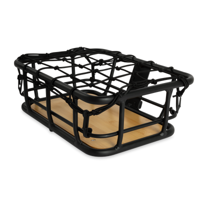 Murf Front Basket shown with a black bungee net secured over the top, demonstrating the optional accessory and capability to secure cargo.