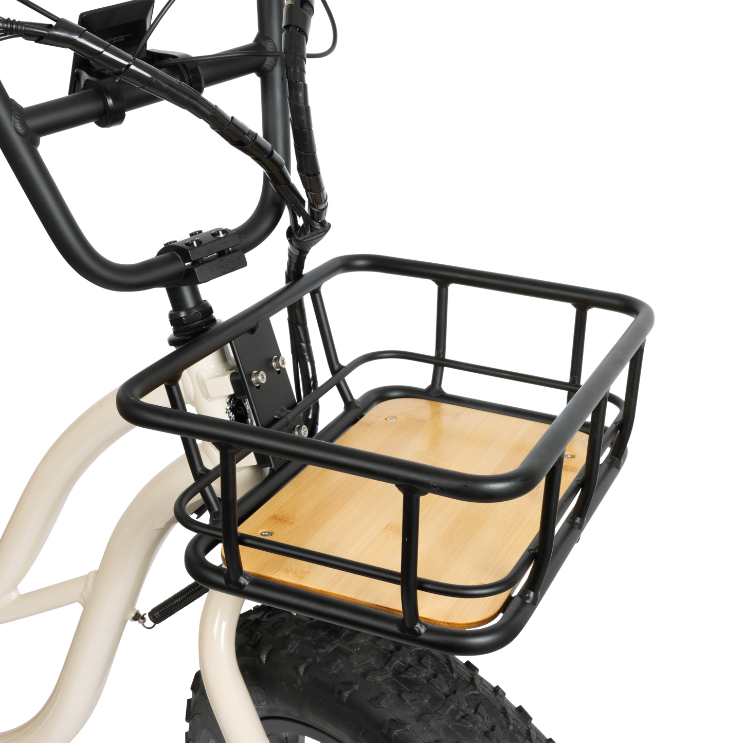 Murf Front Basket, with its bamboo floor and black metal frame, shown mounted and integrated onto the front head tube of a white Murf e-bike.