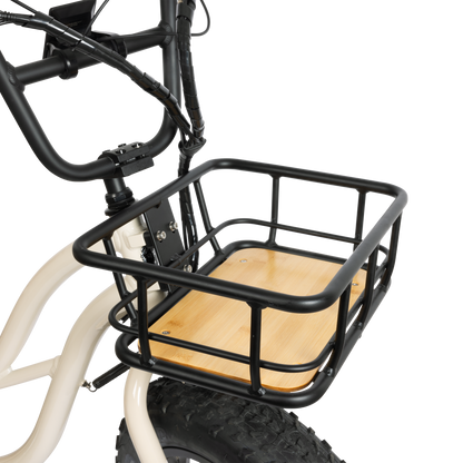 Murf Front Basket, with its bamboo floor and black metal frame, shown mounted and integrated onto the front head tube of a white Murf e-bike.