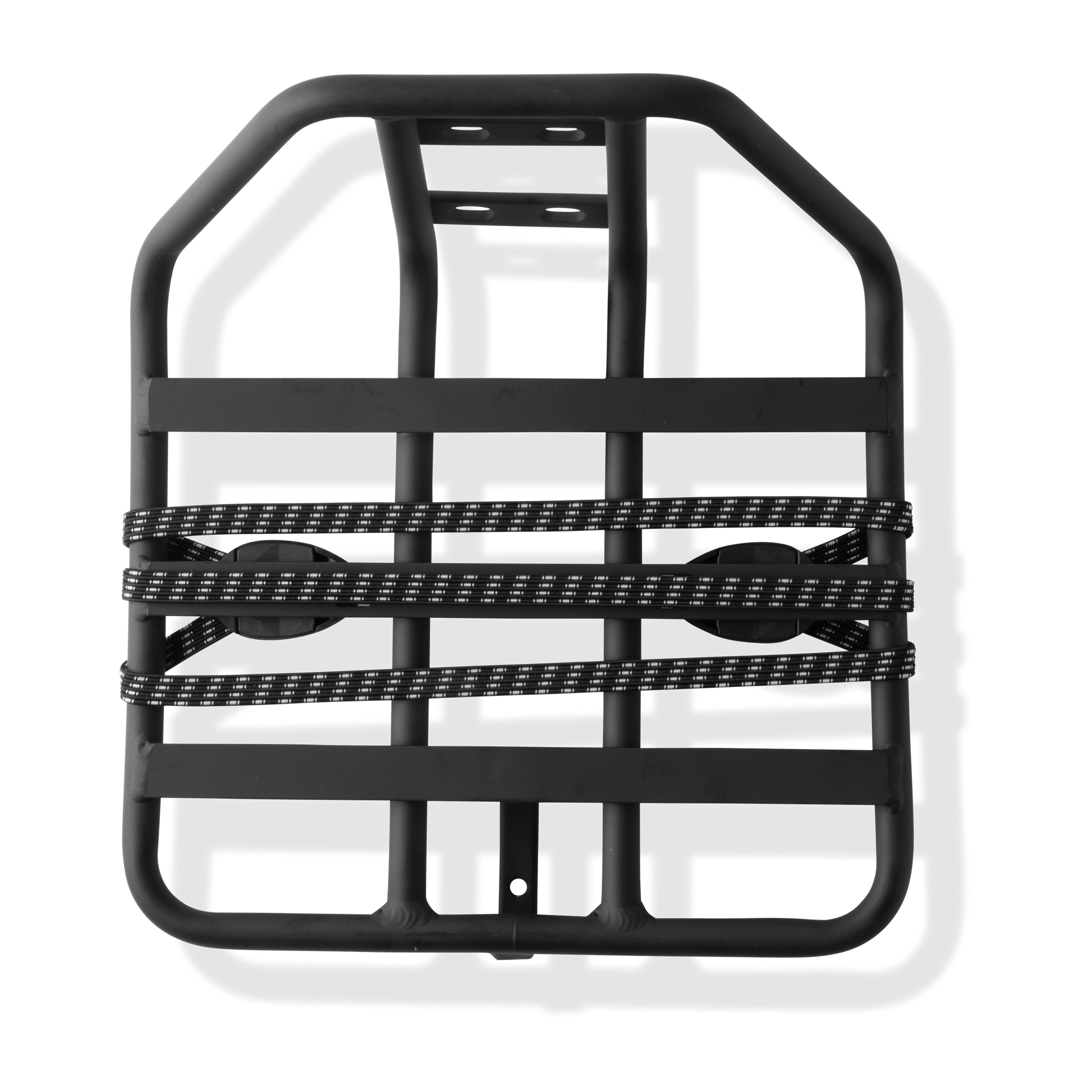 Top Down View of Murf Front Rack product photo, black powder-coated aluminum, included bungee straps for securing lightweight cargo.