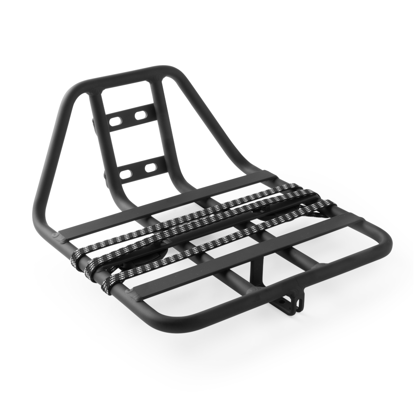 Murf Front Rack product photo, black powder-coated aluminum, included bungee straps for securing lightweight cargo.