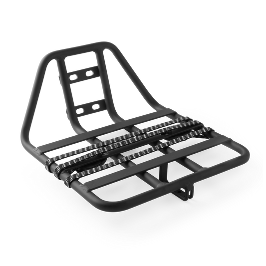 Murf Front Rack product photo, black powder-coated aluminum, included bungee straps for securing lightweight cargo.