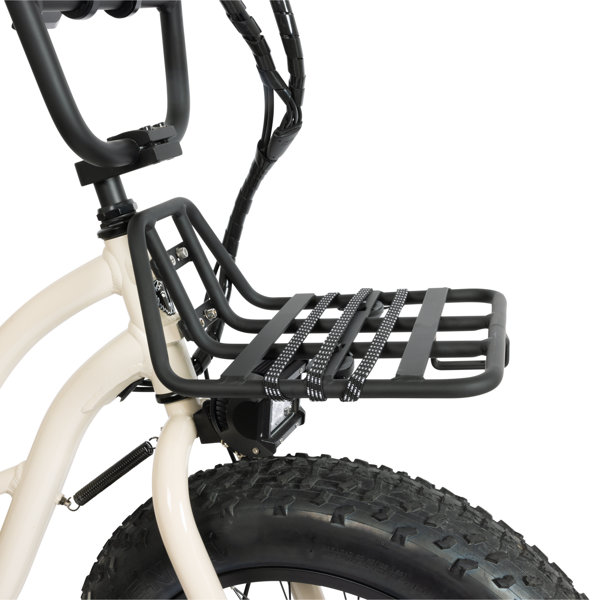 ront Rack mounted on the neck of a cream-colored Murf e-bike (e.g., Fat-Murf-ST), secured by mounting bolts, demonstrating how the rack sits over the front wheel with bungee straps visible.