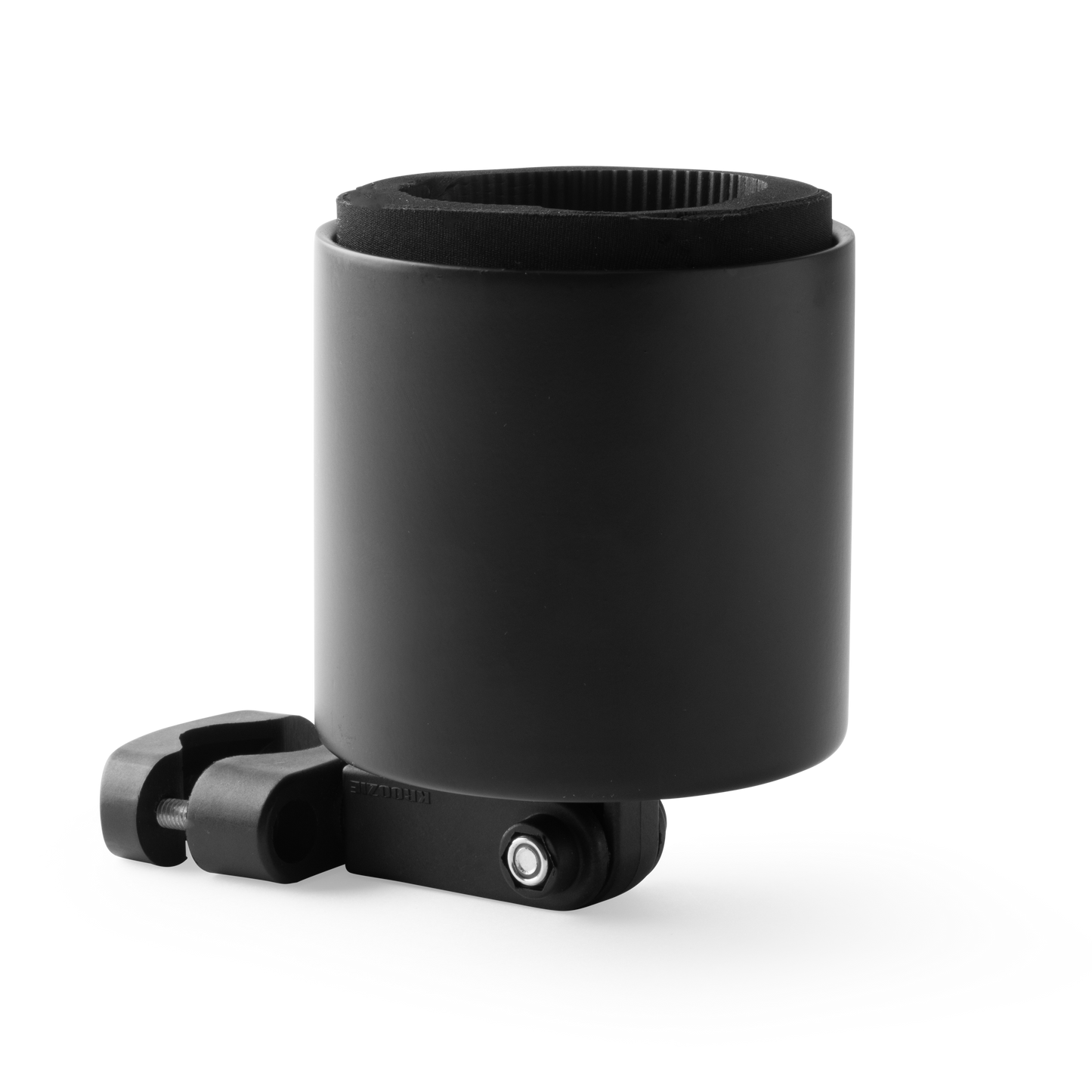 Kroozie Deluxe Stainless Steel Cup Holder with a flat black powder-coated finish and black foam insert, mounted on its patented universal mounting bracket.