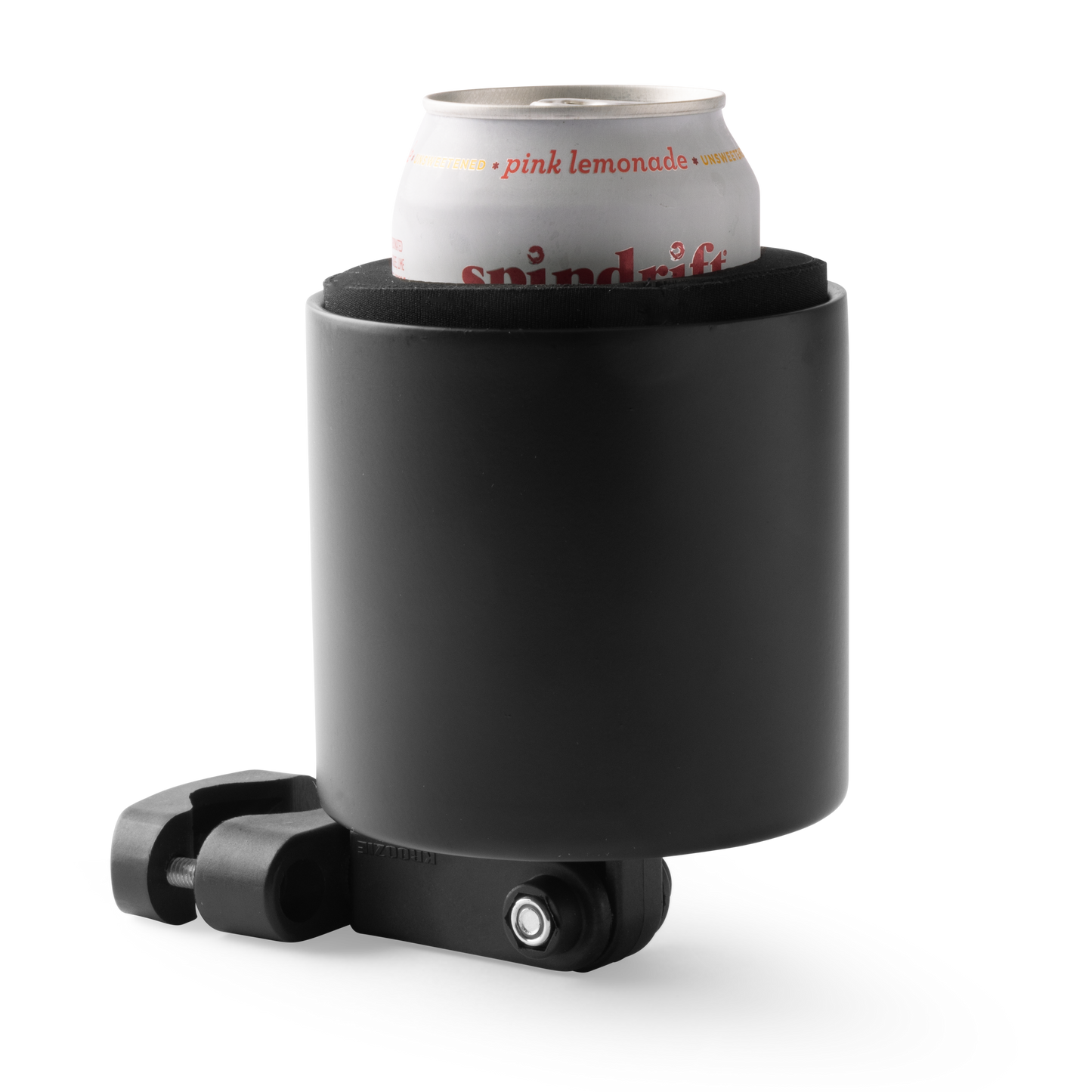 Kroozie Deluxe Stainless Steel Cup Holder with a flat black powder-coated finish, holding a pink lemonade sparkling water can, shown with its universal mounting system.