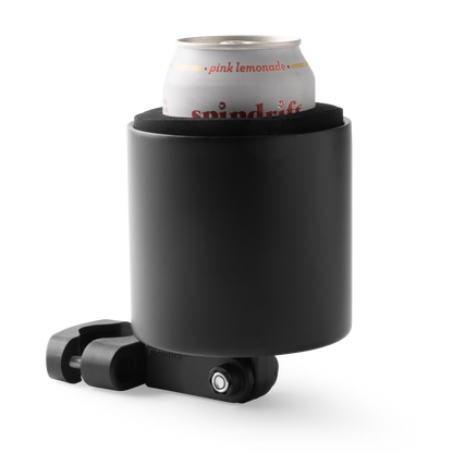 Kroozie Deluxe Stainless Steel Cup Holder with a flat black powder-coated finish, holding a pink lemonade sparkling water can, shown with its universal mounting system.