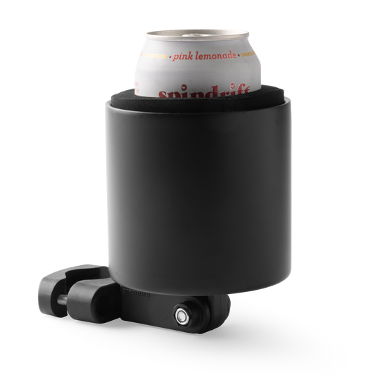 Kroozie Deluxe Stainless Steel Cup Holder with a flat black powder-coated finish, holding a pink lemonade sparkling water can, shown with its universal mounting system.