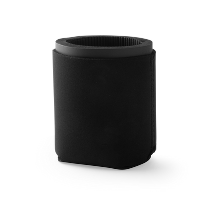 Kroozie Neoprene Sleeve accessory, shown in black fabric over a cup, designed to insulate and provide a better fit for drinks.