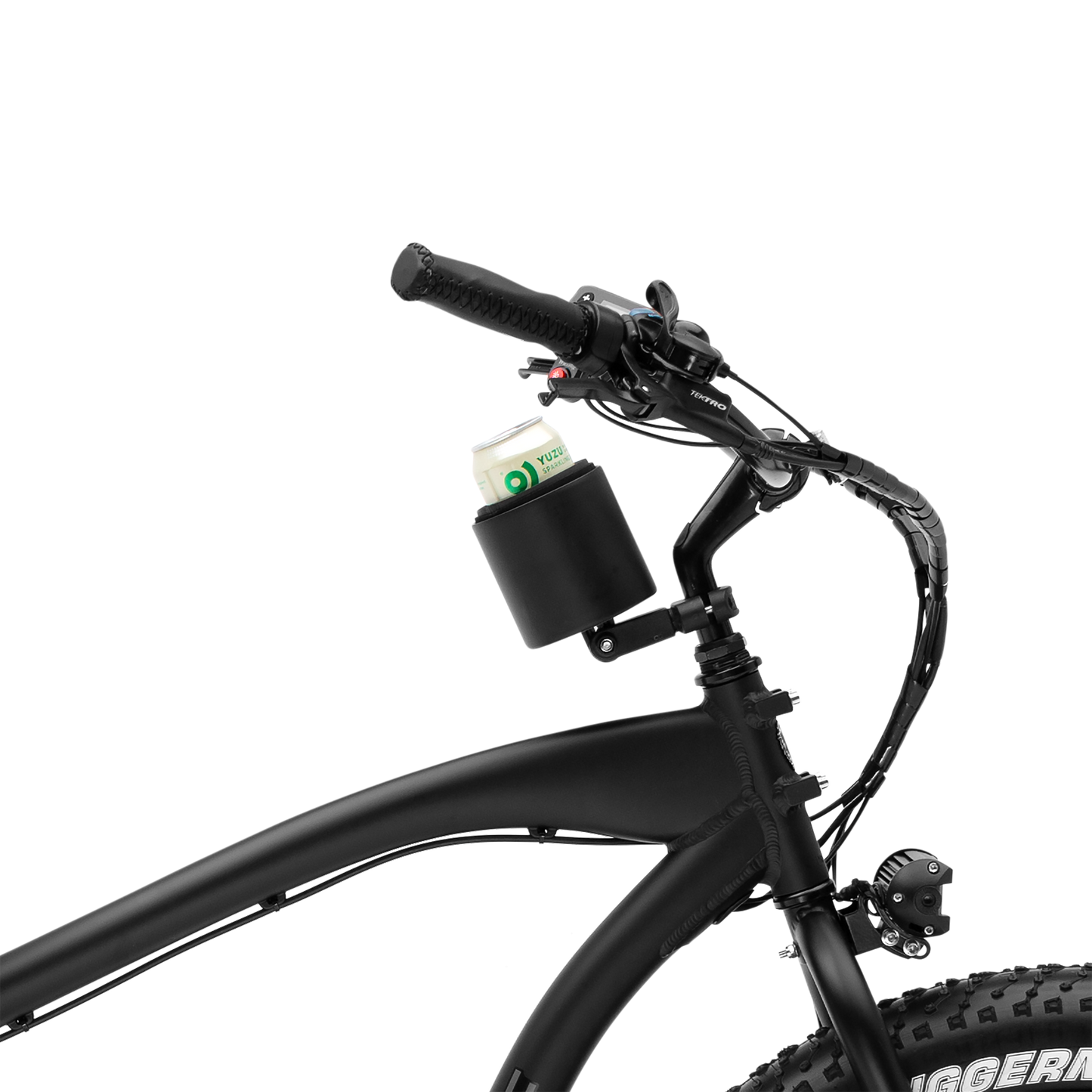 Kroozie Deluxe Cup Holder mounted on the stem of a black e-bike, securely holding a canned beverage while demonstrating centralized, stable placement for urban commuting.