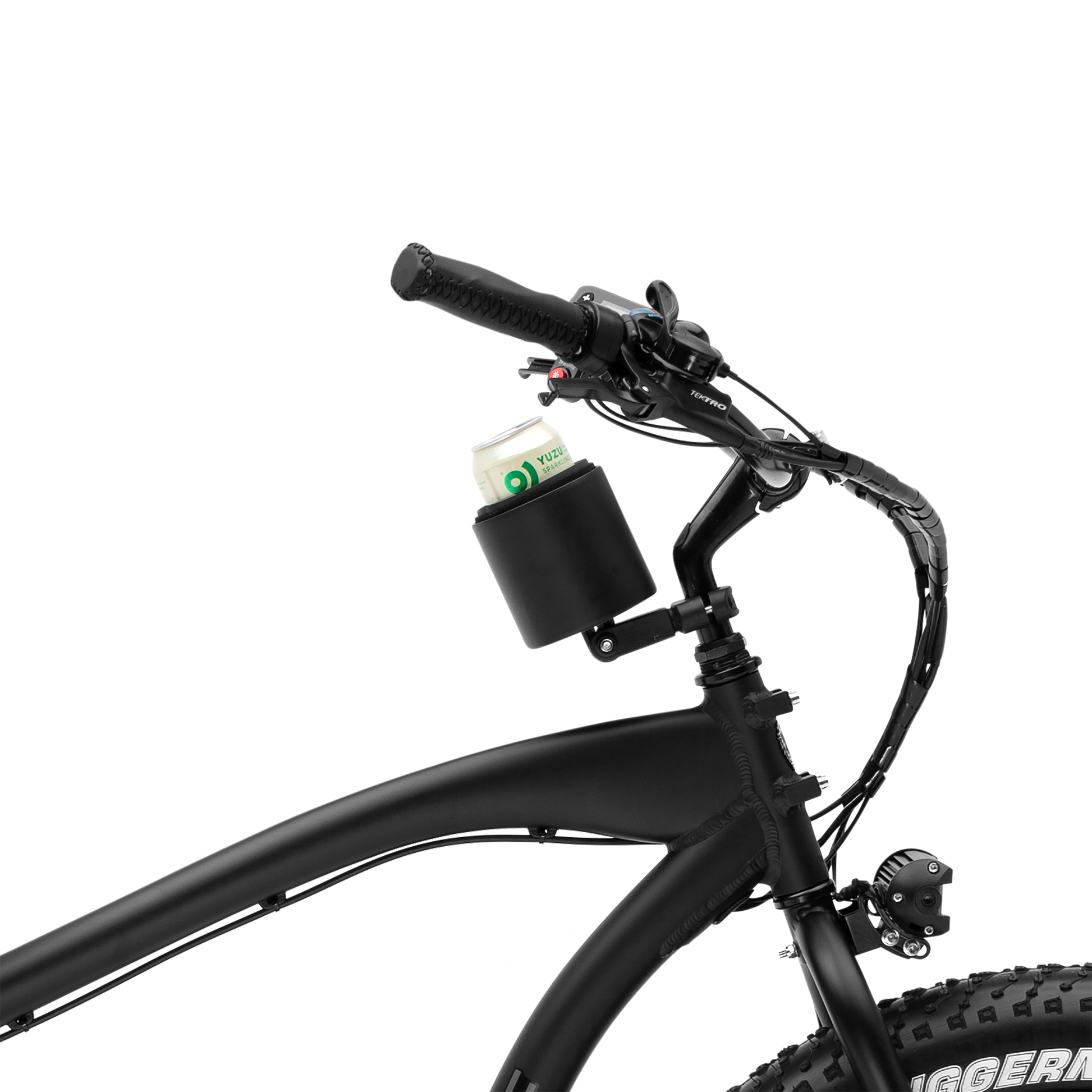 Kroozie Deluxe Cup Holder mounted on the stem of a black e-bike, securely holding a canned beverage while demonstrating centralized, stable placement for urban commuting.