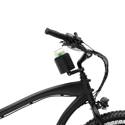 Kroozie Deluxe Cup Holder mounted on the stem of a black e-bike, securely holding a canned beverage while demonstrating centralized, stable placement for urban commuting.