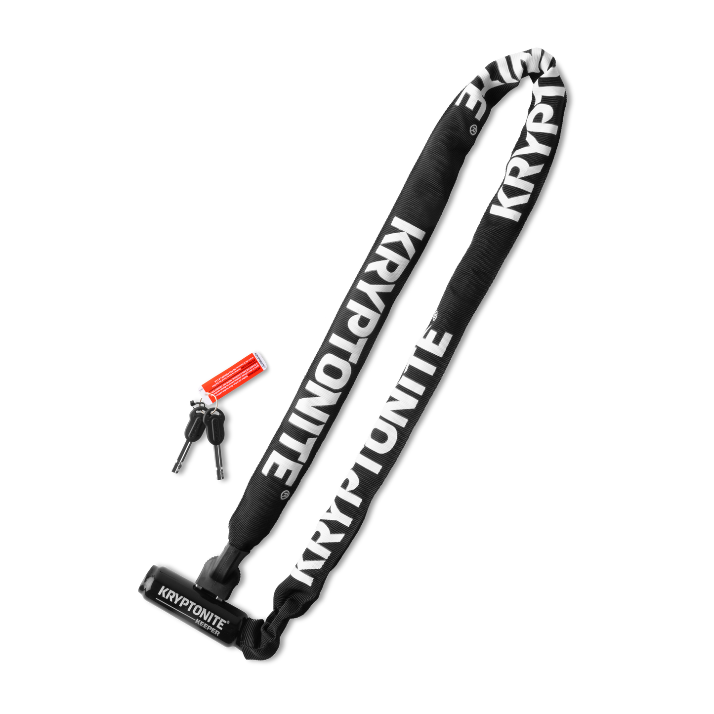 Kryptonite Keeper chain lock, black nylon sleeve with white Kryptonite branding, coiled with keys, against a dark checkered background.