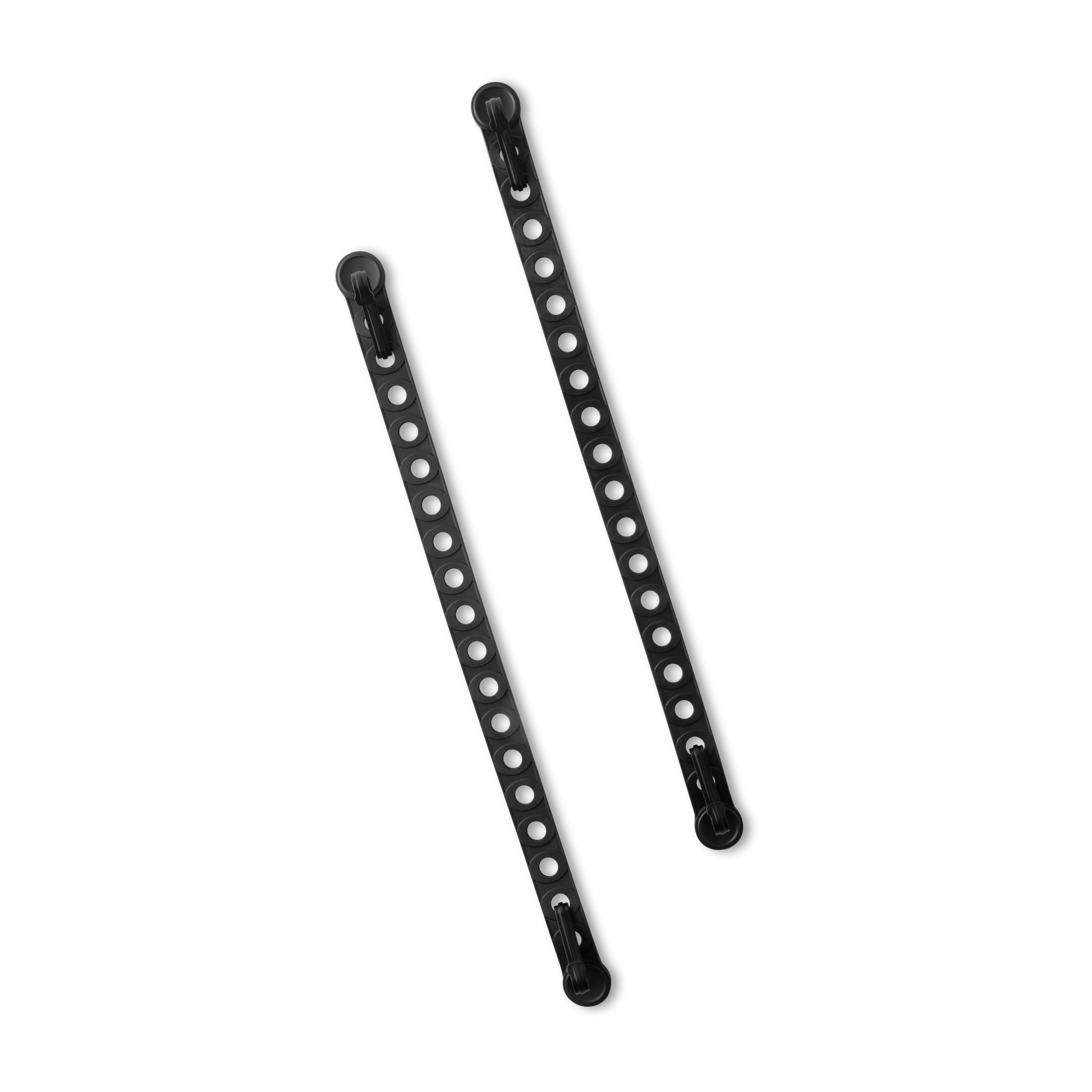 Two black, perforated, adjustable mounting straps with looped ends for securing accessories.