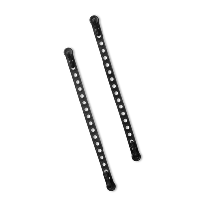 Two black, perforated, adjustable mounting straps with looped ends for securing accessories.