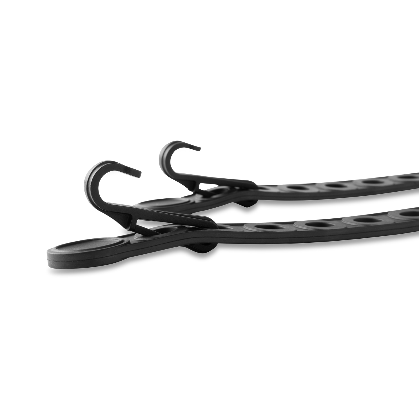 Two long, black, perforated straps with a Hook end, designed for adjustable mounting and securing accessories.