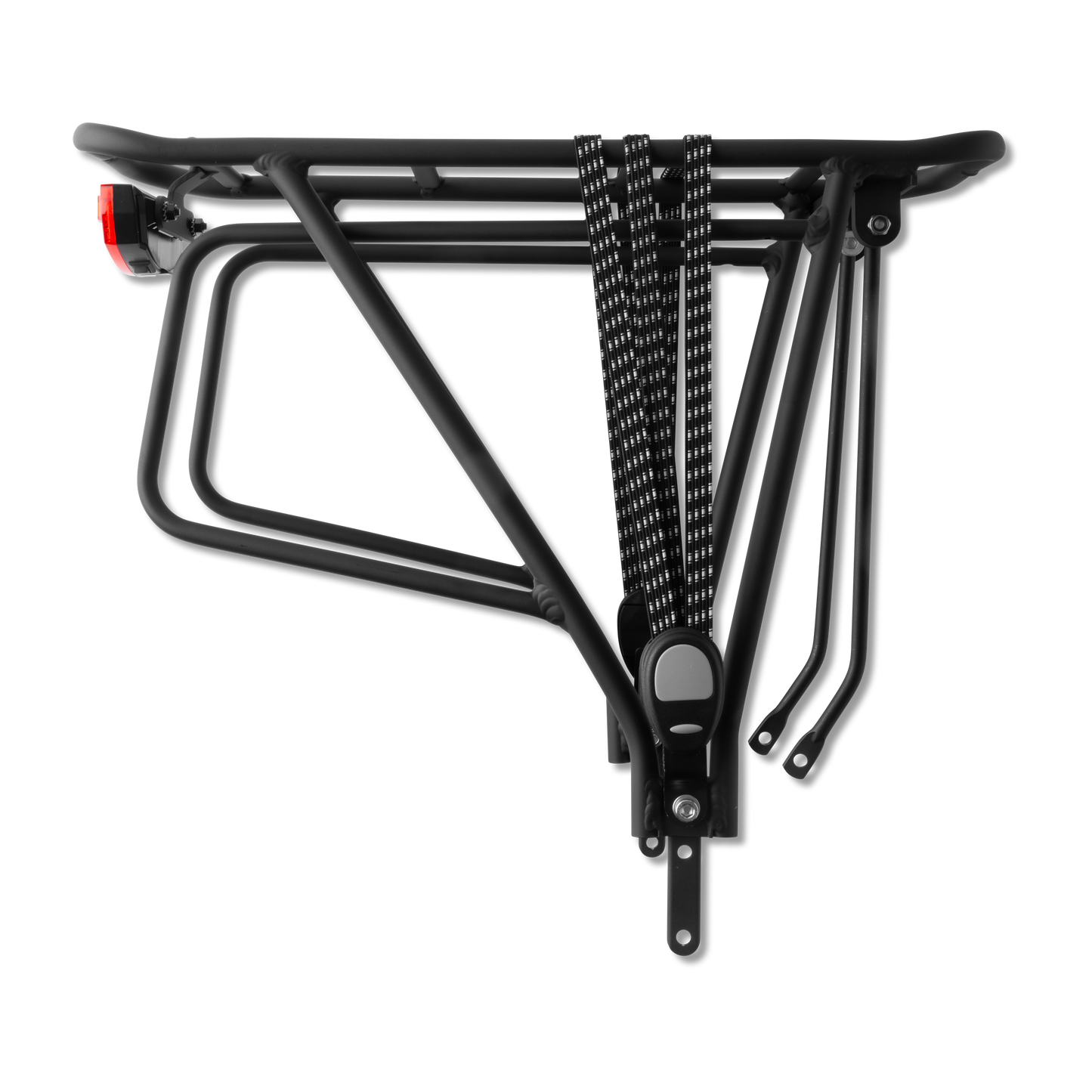 Studio Shot: Murf Rear Rack Package, constructed from black powder-coated aluminum, highlighting the integrated switch-operated rear tail light.