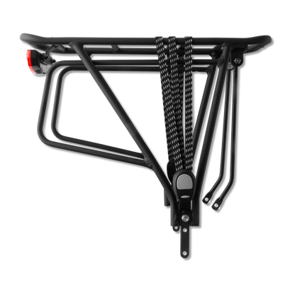 Studio Shot: Murf Rear Rack Package, constructed from black powder-coated aluminum, highlighting the integrated switch-operated rear tail light.