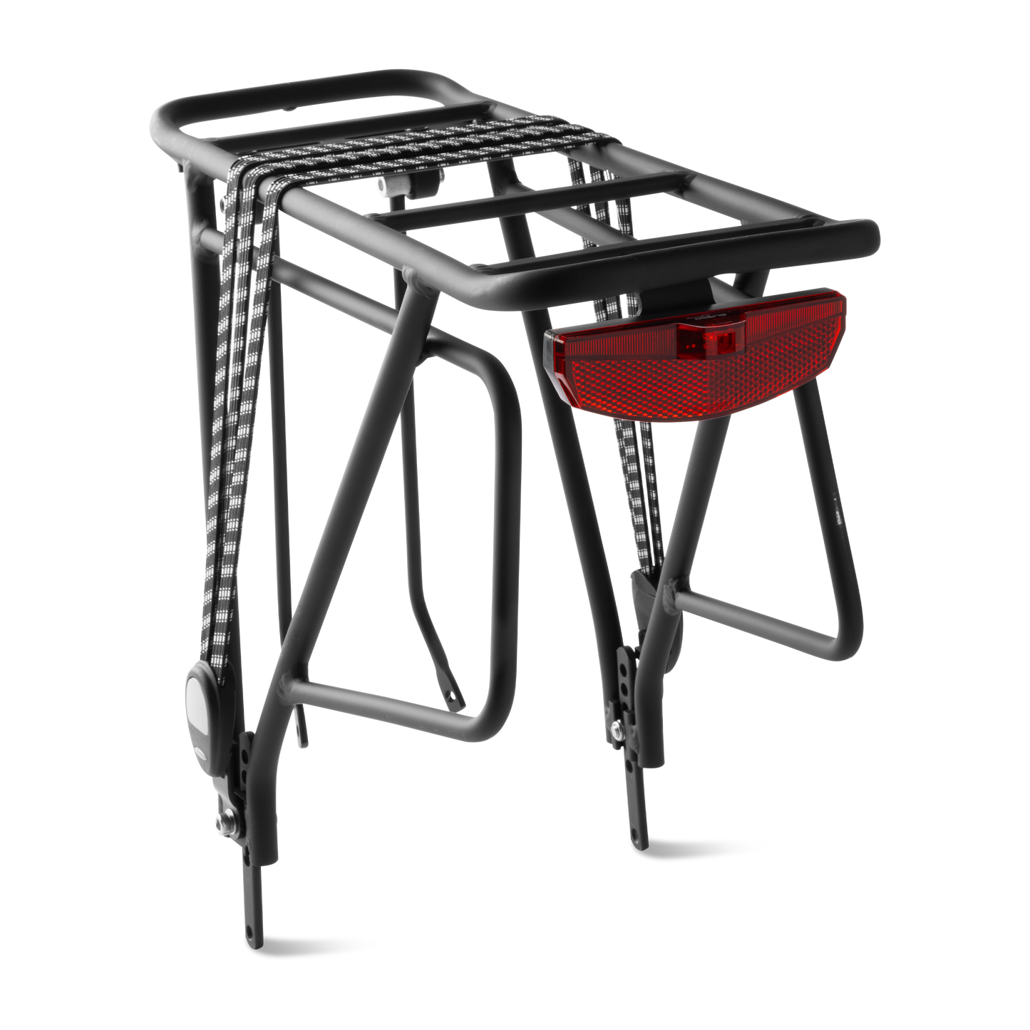 Murf Rear Rack Package, constructed from black powder-coated aluminum, showcasing the bungee strap and the integrated switch-operated rear tail light.