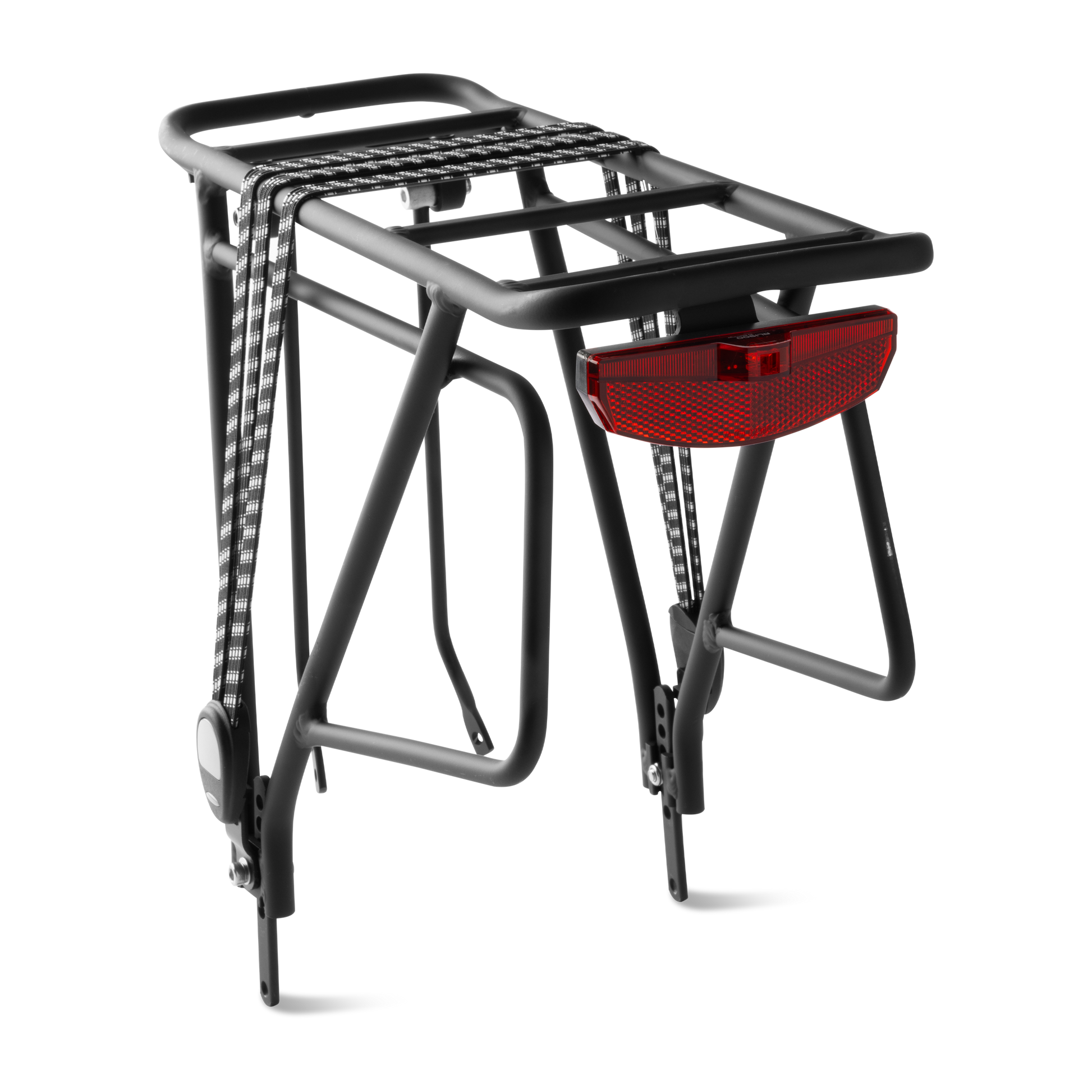 Murf Rear Rack Package, constructed from black powder-coated aluminum, showcasing the bungee strap and the integrated switch-operated rear tail light.