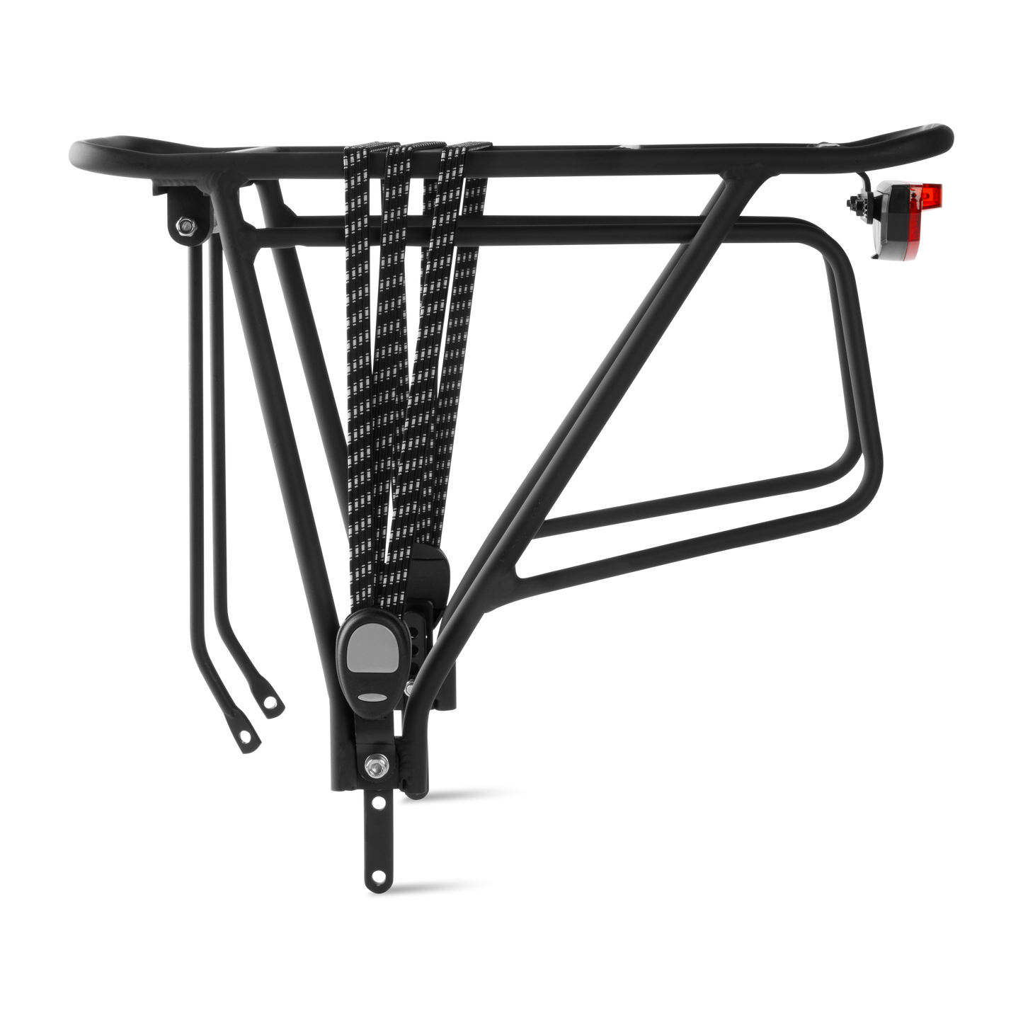 Murf Rear Rack Package, constructed from black powder-coated aluminum, showcasing the bungee strap and the integrated switch-operated rear tail light.