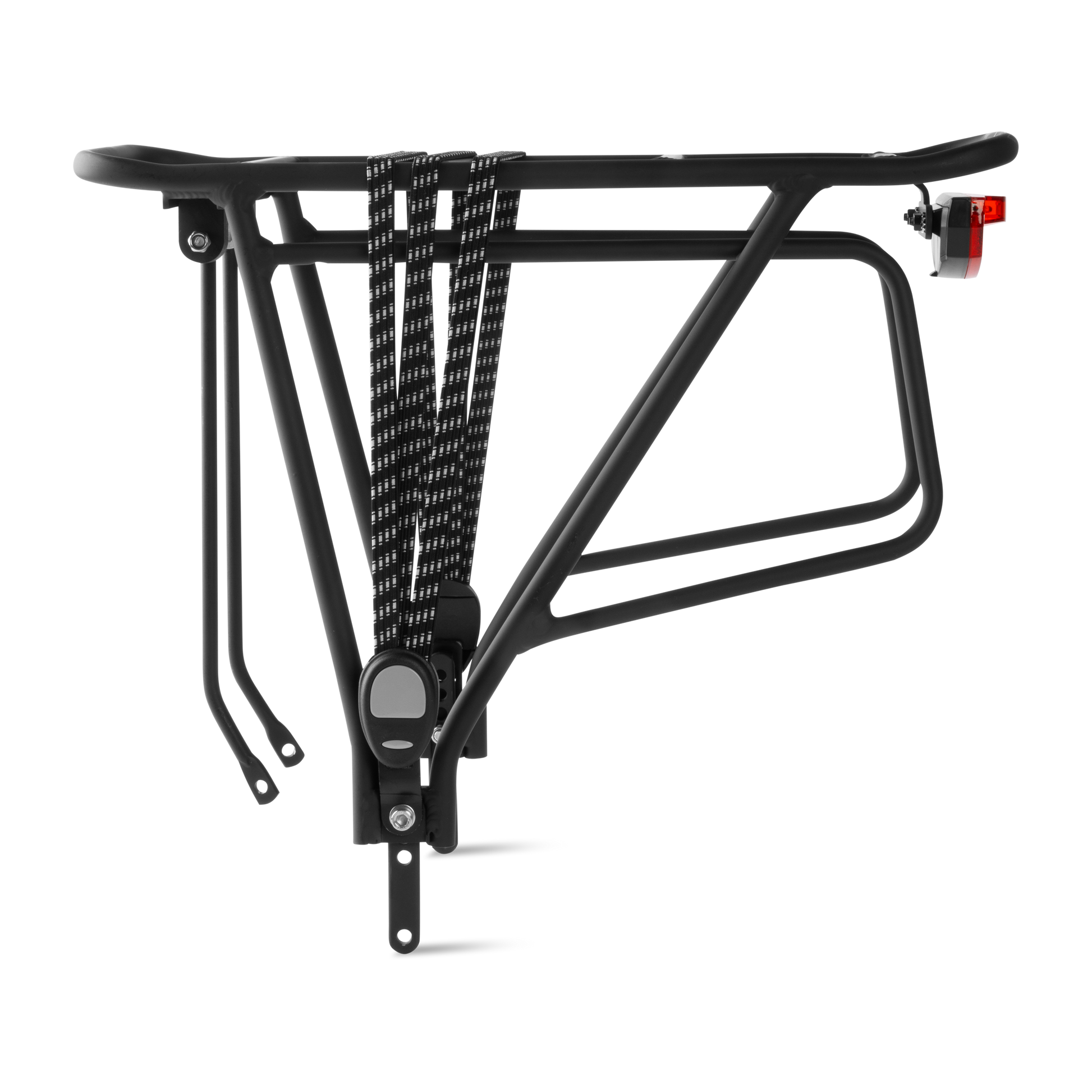 Murf Rear Rack Package, constructed from black powder-coated aluminum, showcasing the bungee strap and the integrated switch-operated rear tail light.