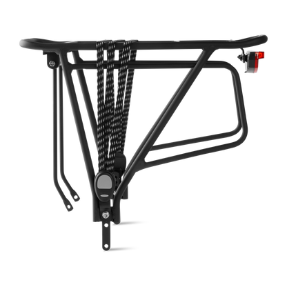 Murf Rear Rack Package, constructed from black powder-coated aluminum, showcasing the bungee strap and the integrated switch-operated rear tail light.