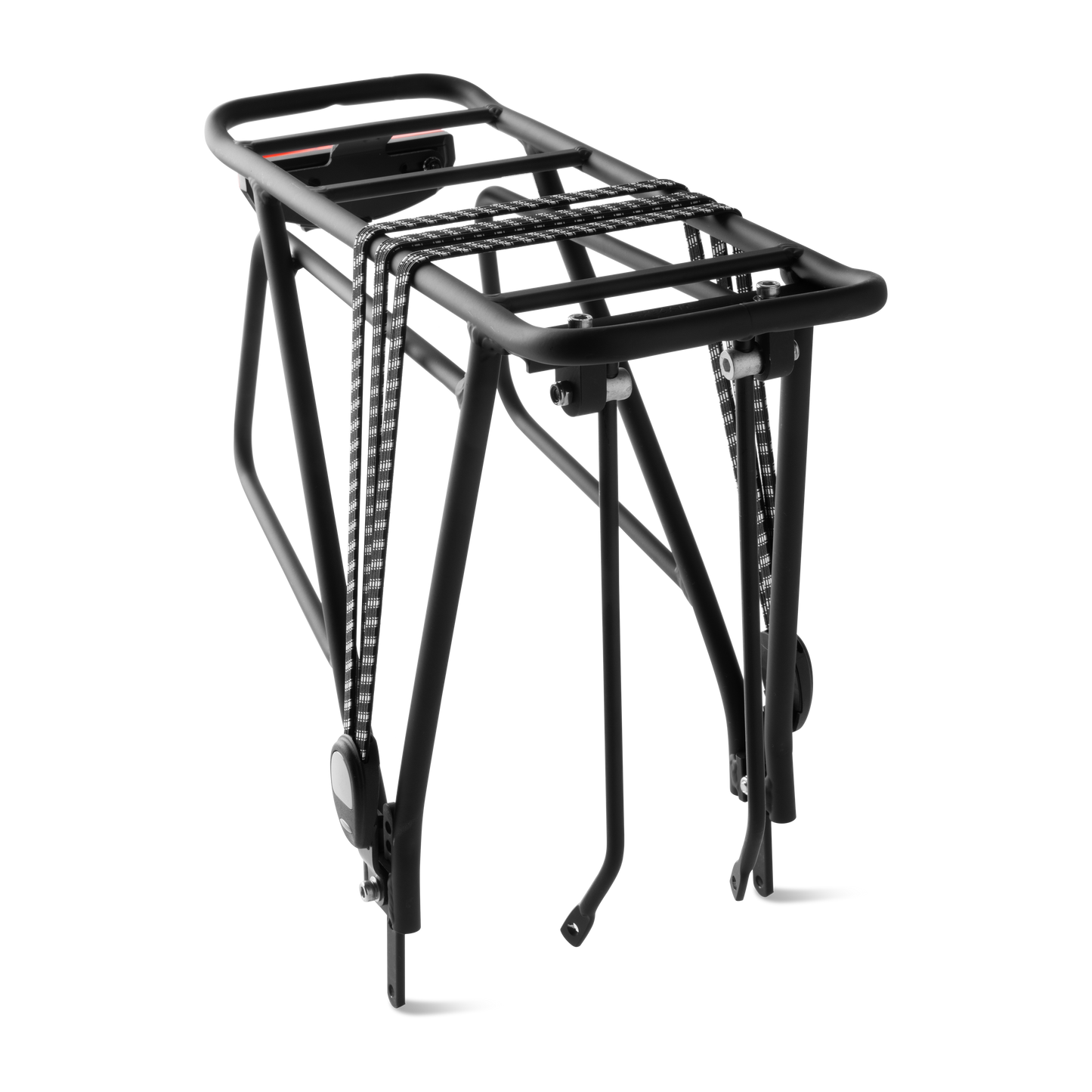 Front ent view of Murf Rear Rack Package, constructed from black powder-coated aluminum, showcasing the bungee strap and the integrated switch-operated rear tail light.