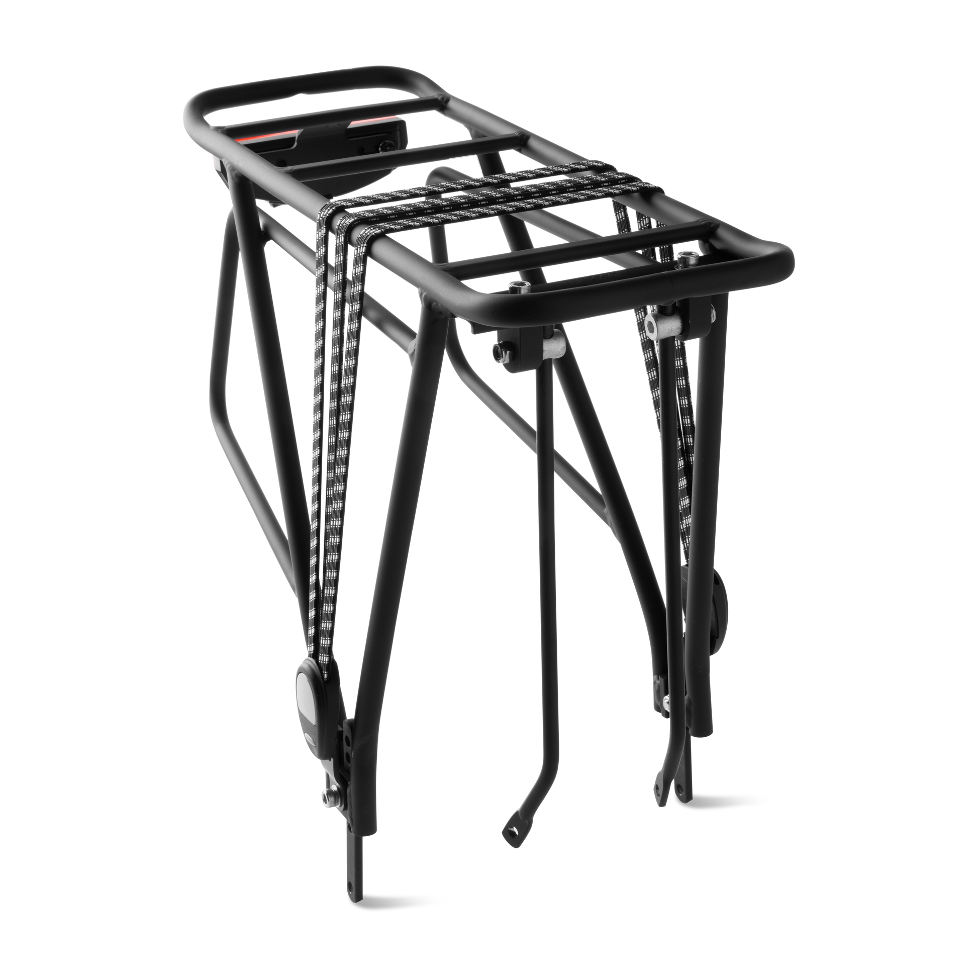 Front ent view of Murf Rear Rack Package, constructed from black powder-coated aluminum, showcasing the bungee strap and the integrated switch-operated rear tail light.