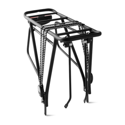 Front ent view of Murf Rear Rack Package, constructed from black powder-coated aluminum, showcasing the bungee strap and the integrated switch-operated rear tail light.