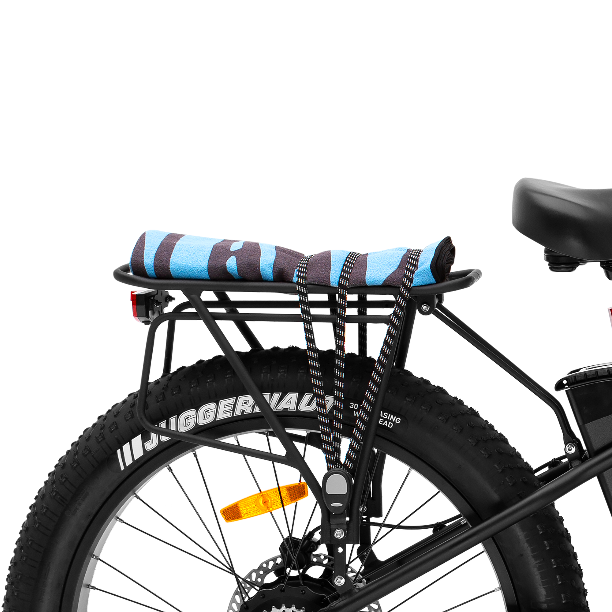 Rear Rack Package mounted on a Murf E-Bike, demonstrating secured cargo (rolled towel) using the bungee strap and highlighting the integrated rear light and fat tire.