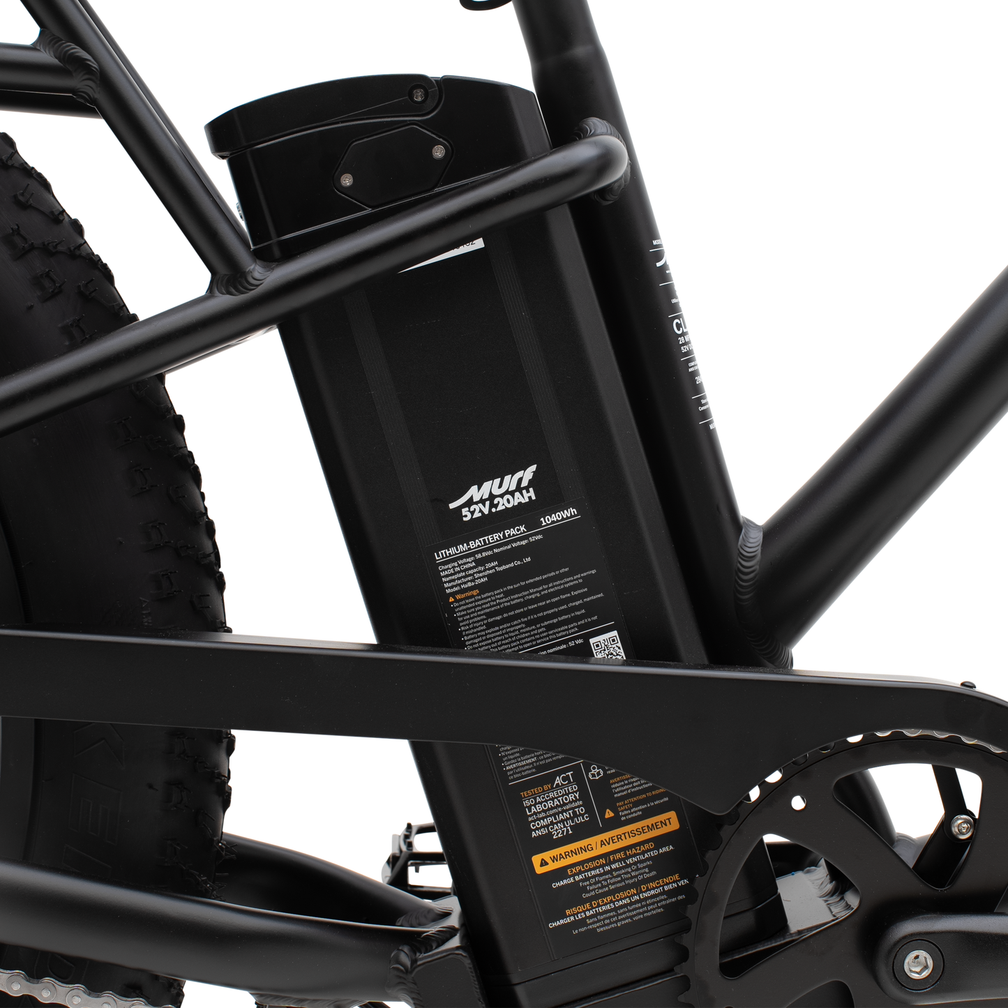 Detailed close-up of The Alpha ST's 52-volt, 1040 watt-hour frame-integrated battery.