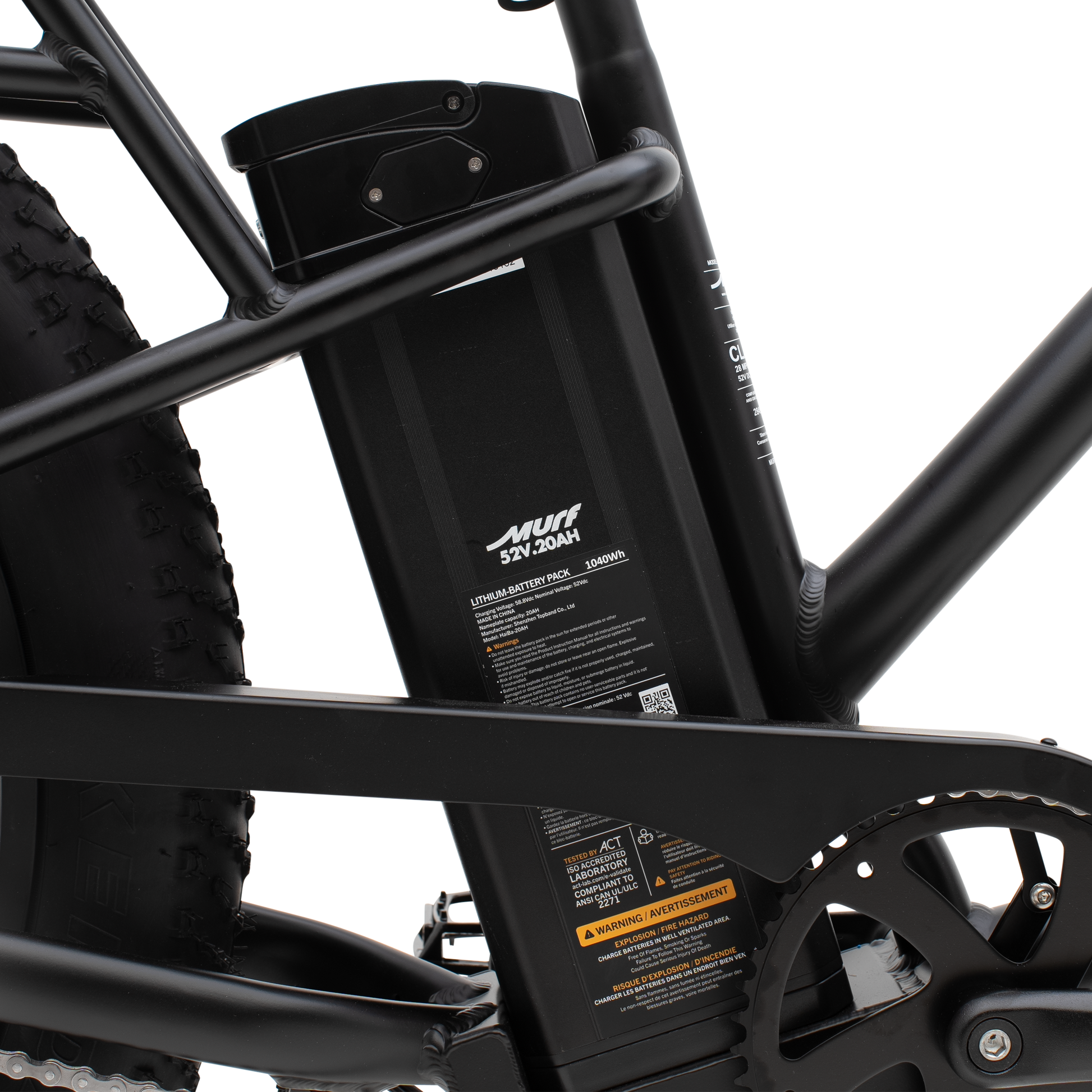 Detailed close-up of The Alpha ST's 52-volt, 1040 watt-hour frame-integrated battery.