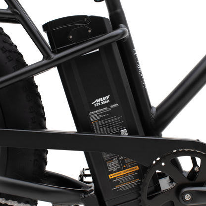 Detailed close-up of The Alpha ST's 52-volt, 1040 watt-hour frame-integrated battery.