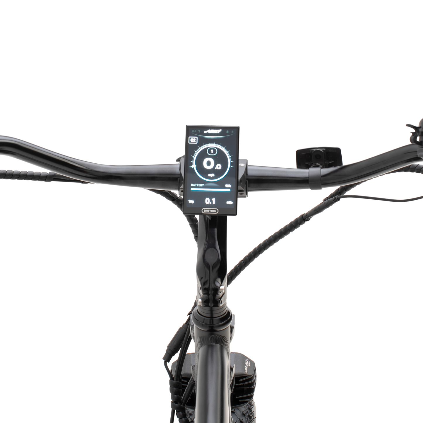 A close-up view of The Alpha ST's high-resolution color display and handlebar controls.