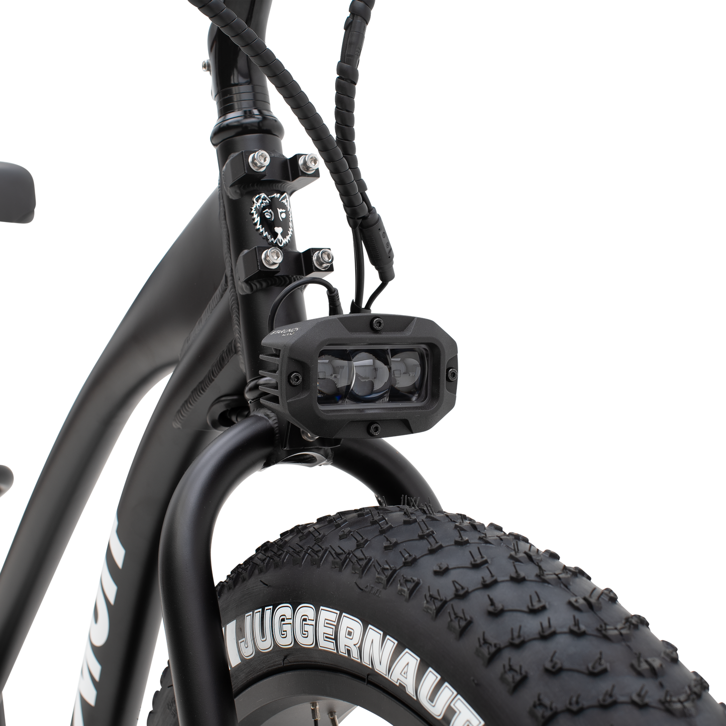 Close-up of The Alpha ST's powerful, integrated off-road headlight.