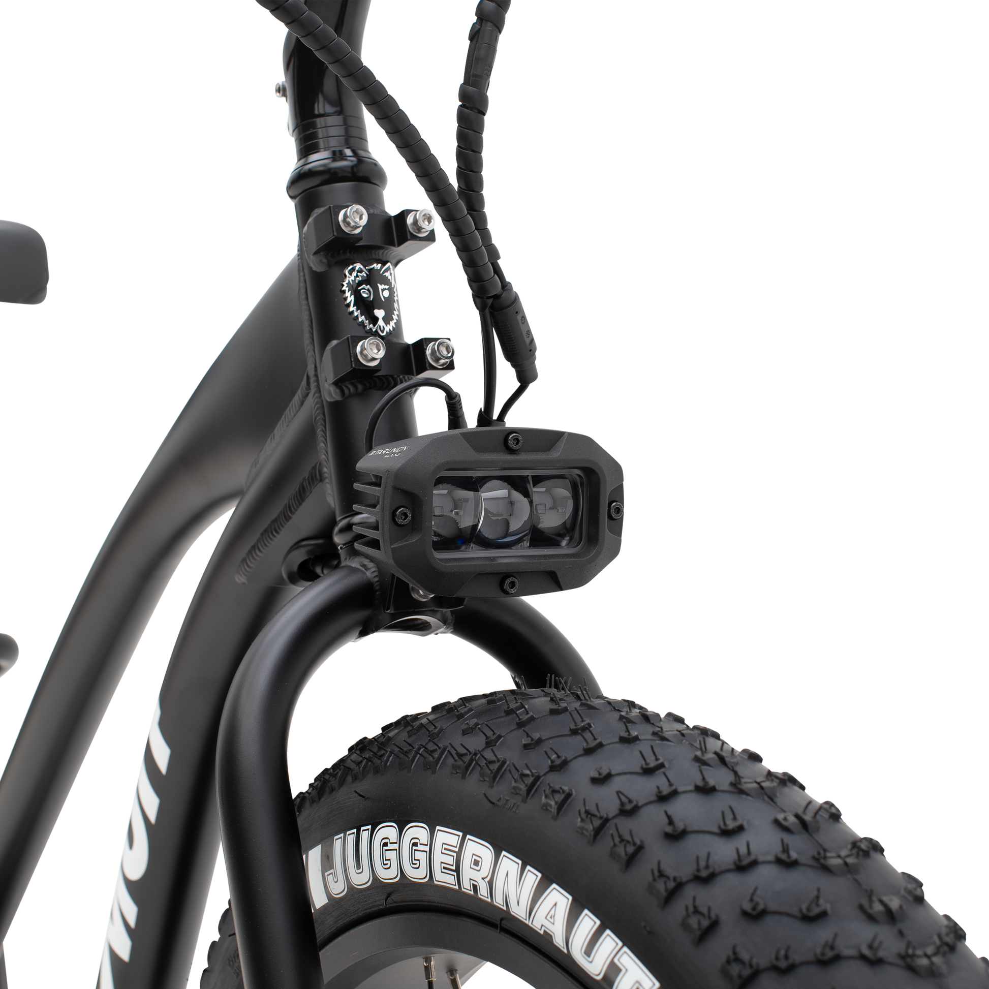 Close-up of The Alpha ST's powerful, integrated off-road headlight.