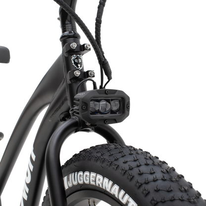 Close-up of The Alpha ST's powerful, integrated off-road headlight.