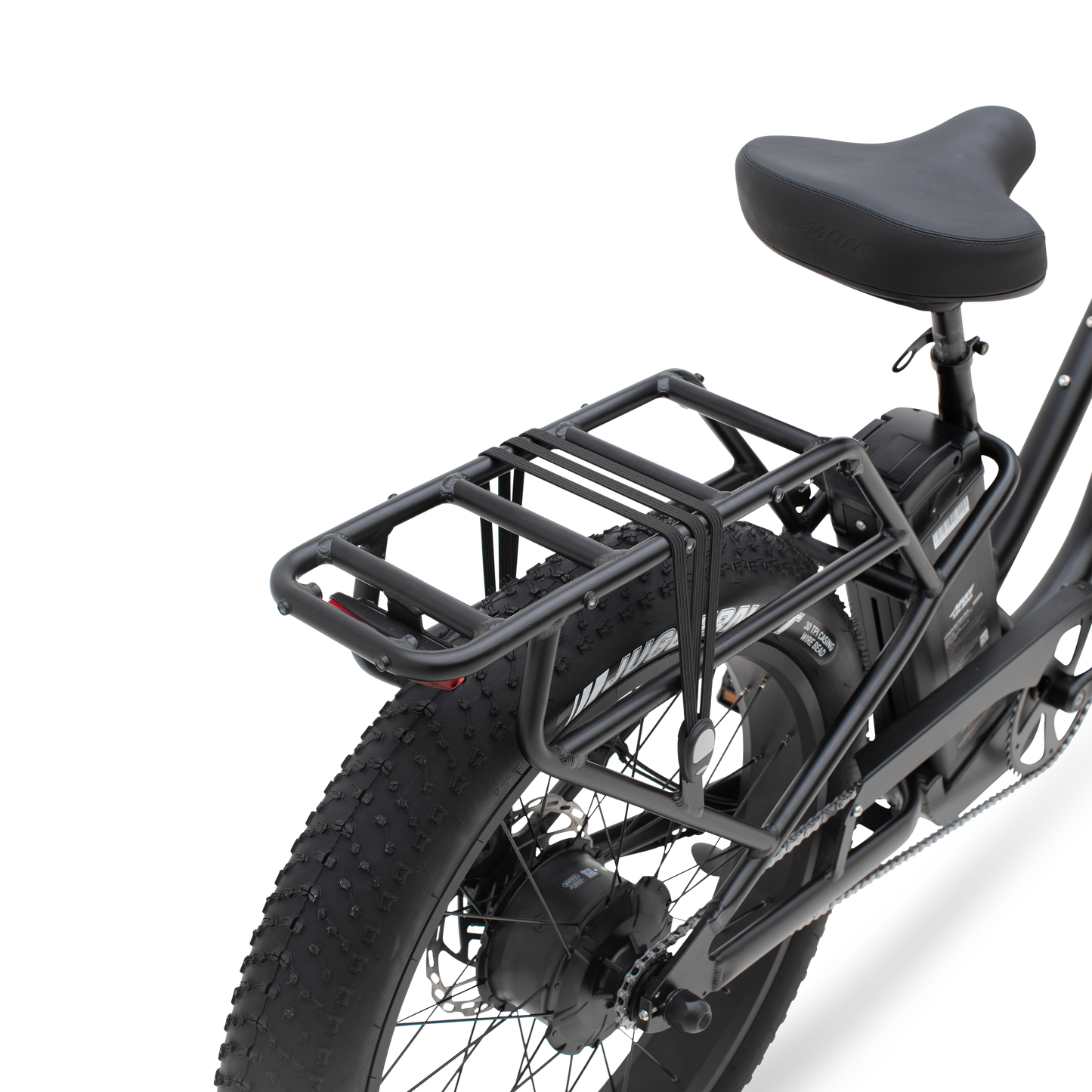 Detailed view of The Alpha ST's rugged, integrated rear rack with built-in tail light.