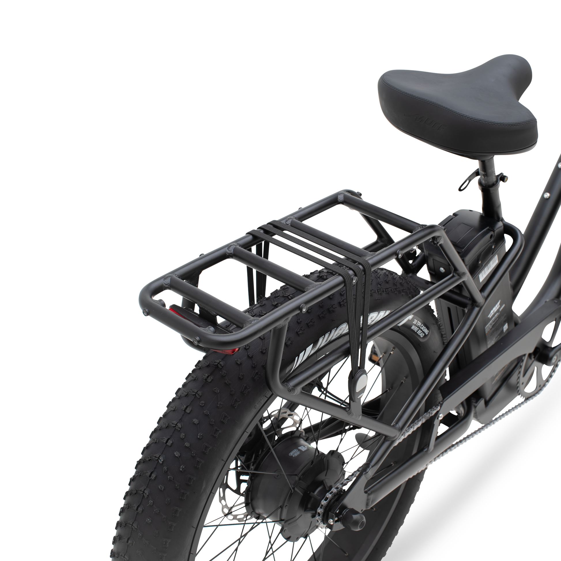 Detailed view of The Alpha ST's rugged, integrated rear rack with built-in tail light.
